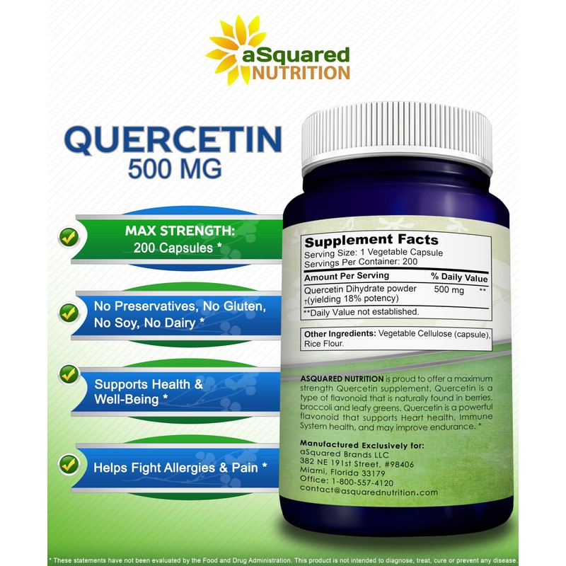 aSquared Nutrition Quercetin 500mg Supplement - 200 Capsules - Quercetin