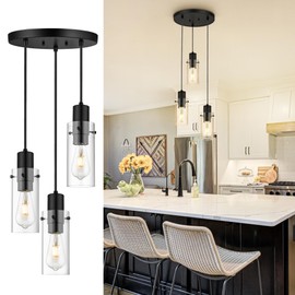 Emak 3-Light Pendant Lights Kitchen Island, Modern Farmhouse Black Pendant Light with Clear Glass Shade, Cluster Hanging Lights for Kitchen, Dining Room, Living Room, Bathroom, PL120-BKBK-CL