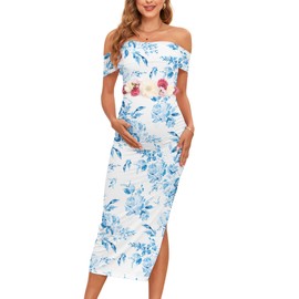 AISWI Maternity Mesh Split Dress Off The Shoulder Ruched Bodycon Pregnancy Dresses Baby Shower Photoshoot, Without Belt, Floral1: White & Blue, Medium