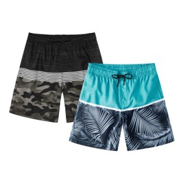 TEX2FIT Boy's Quick Dry Swim Trunks for 7-14yrs, Breathable Swim Shorts with Mesh Lining and Pockets, 2-Pack (Camo/Turquoise Palm, Large)