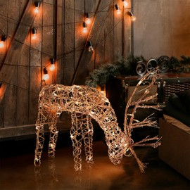 Alpine Corporation 24"H Outdoor Rattan Grazing Reindeer Lawn Decoration with White Lights , Christmas Decoration