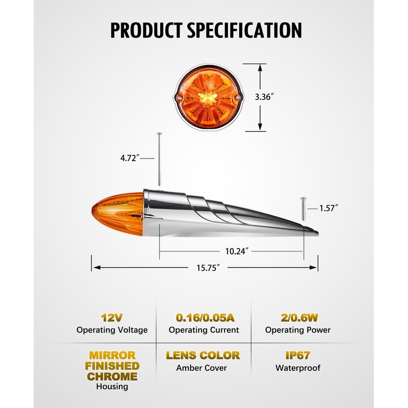 Partsam 5Pcs Amber Torpedo Cab Marker, LED High/Low Brightness Chrome