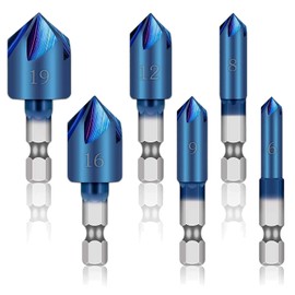 Yuentoen 6 Pcs Countersink Drill Bit Set, 90 Degree 5 Flute HSS Countersink Bit with 1/4'' Quick Change Hex Shank, 6mm-19mm Counter Sink Bit for Metal, Wood, Plywood, Plastic