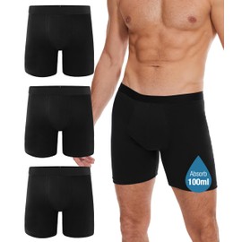 YESWEL Incontinence Underwear Long Leg For Men, 100ML Absorbent Cotton Washable Leak-Proof Reusable Boxer Brief 3 Pack (US, Alpha, Small, Regular, Regular, Black)
