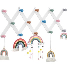 Suzile Kids Coat Rack Wall Mount Expandable Toddler Wooden Hanger Cute Coat Rack Rainbow Accordion Wall Hanger for Kids Children Hanging Backpack Bedroom Classroom Hat Clothes (Morandi Color)