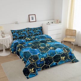 jejeloiu Honeycomb Comforter Set Twin Size Kids Modern Geometry Hexagon Theme Comforter for Boys Teens Geometrical Bedding Set Beehive Blue Duvet Set Room Decor Quilt Set