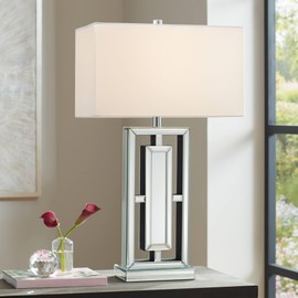 360 Lighting 29" Tall Rectangular Modern End Table Lamp Mirrored Glass Finish Metal Single Fabric Off-White Shade Living Room Bedroom Bedside Nightstand House Office Home Reading Kitchen Entryway