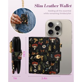 Bistup Wallet for Women Cute Small Card Wallet Genuine Leather Rfid with Keychain for Ladies Teen Girls Female Girly Aesthetic Mushroom Unique Kawaii Pretty Modern Bifold Credit Card Holder