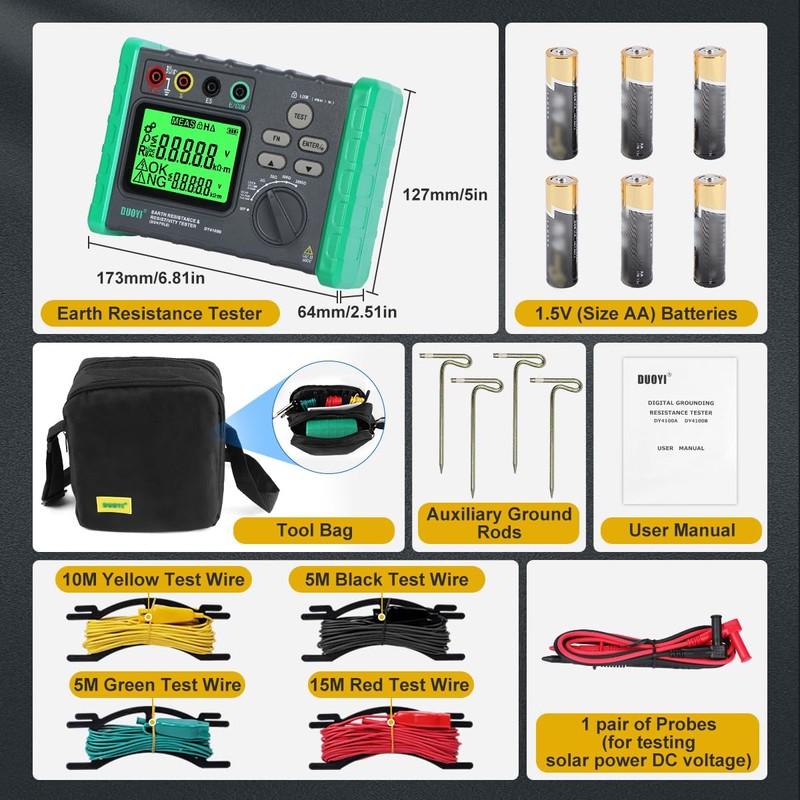 DUOYI Earth Resistance Tester 0.03-2000 ohm Meter,Upgraded Digital Earth Ground