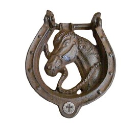 Cross Horseshoe Cast Iron Door Knocker, Housewarming, Unique Front Entry Door Horse Head