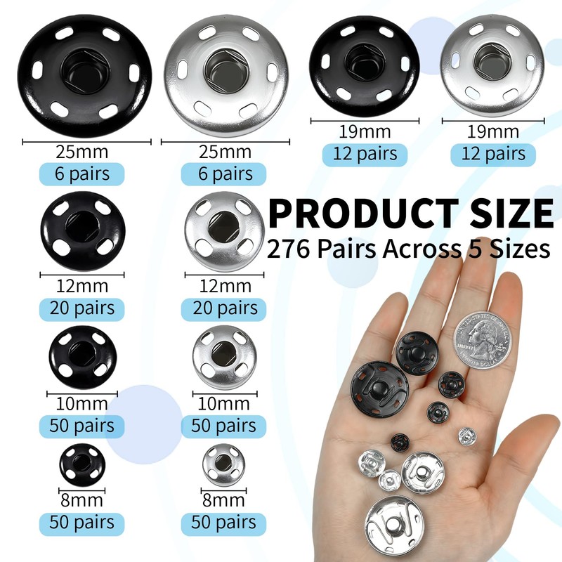 Sew-On Snaps for Clothing - 276 Sets Metal Sewing Snap