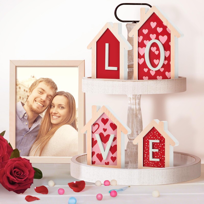 LXDNBGO Valentines Day Decorations - 4 Pcs 3D Wood House