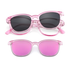 EYEBUDDY Kids Magnetic Clip-On Sunglasses, UV Polarized Sunglasses for Boys and Girls (1 Frame+2pc Magnetic Lens Holders), Pink Frame