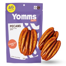 Yomms Crunchy Joy Glazed Whole Pecan Halves, 3.5 oz, Gluten-Free & Non-GMO Healthy Dessert Snack – Low Sugar Classic Candied Nut Pouch – Gourmet Roasted Snacking Pecans – 3.5oz Resealable Bag