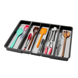 madesmart Expandable Utensil Tray, 8 Compartment Organizer for Forks, Knives & Spoons, Deep Storage for Ladles, Whisks & Serving Tools Non Slip, Soft Grip Base, Expands to Fit Most Drawers, Carbon
