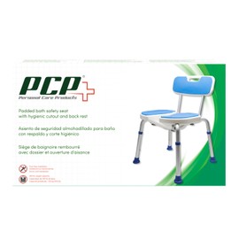 PCP Shower Safety Seat, Cutout for Easy Cleaning, Non-Slip Bath Support Recovery Chair with Backrest, White/Blue, Foam Padded
