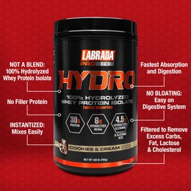 Labrada Hydro 100% Pure Hydrolyzed Whey Protein Isolate Powder, Lactose free, 6g BCAA’s, 4.5g Glutamine, Fastest Digesting Whey Available, Instant Mixing, Delicious Taste 20 Servings (Cookies & Cream)