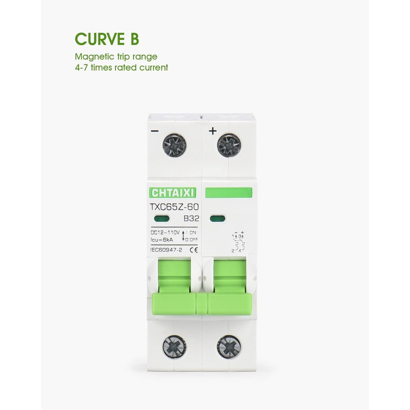 12V-110V DC Miniature Circuit Breaker, 32 Amp 2 Pole Battery