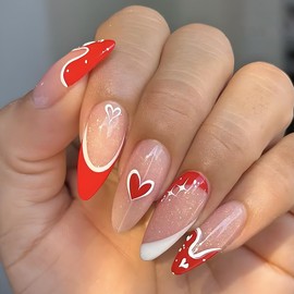 Valentine's Day Press on Nails Medium Almond Fake Nails Red French Heart False Nails Red and White Heart Acrylic Nails Full Cover Stick on Nails for Women Girls Valentine Nails Decoration 24pcs