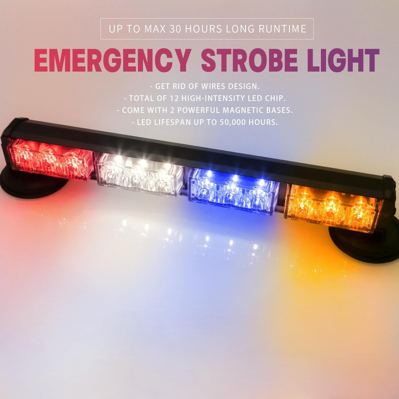 BooYu 14.8" Battery Powered Police Firefighter Emergency Strobe Lights Bar