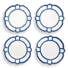 Two's Company 4-Pack Bamboo Rim Accent Kitchenware Set - Durable Melamine Plates with Elegant Blue Rim, Dishwasher Safe, Perfect for Parties & BBQs