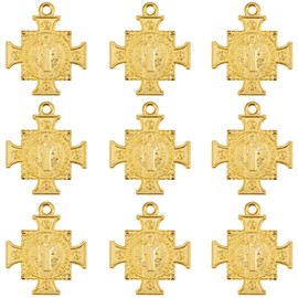 6Pcs Catholic Medalla de San Benito Charm Alloy Saint Benedict Cross Pendant Diy Necklace Keychain Door Hanger for Men Women Religious Gifts (Gold)