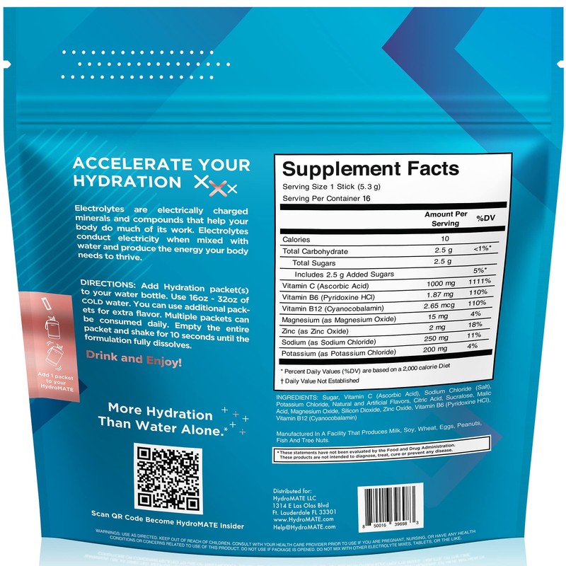 HydroMATE Electrolytes Powder Low Sugar - 16 Count Peach Tea