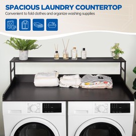 Fandiar Washer Dryer Countertop with Shelf, 27.5" Depth x 54" Width Laundry Countertop Wood Topper with Edge Rails & Non-Slip Pads, Black