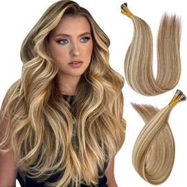 MioYio I Tip Hair Extensions Human Hair 30g/43s/Pack Human Hair Itip Human Hair Extensions #P607A Dark brown And high gloss gold Extensions Long Straight 14Inch