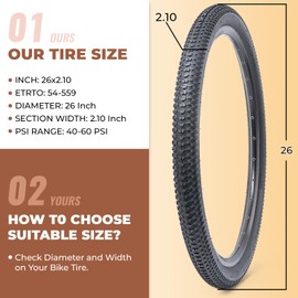 2 Pcs, 26x2.10 Bike Tires, Durable Folding 26 Inch 54-559 26 x 2.10 Mountain Bicycle Tires, Replacement Bike Tires for Mountain Cruiser Bicycle, Clincher