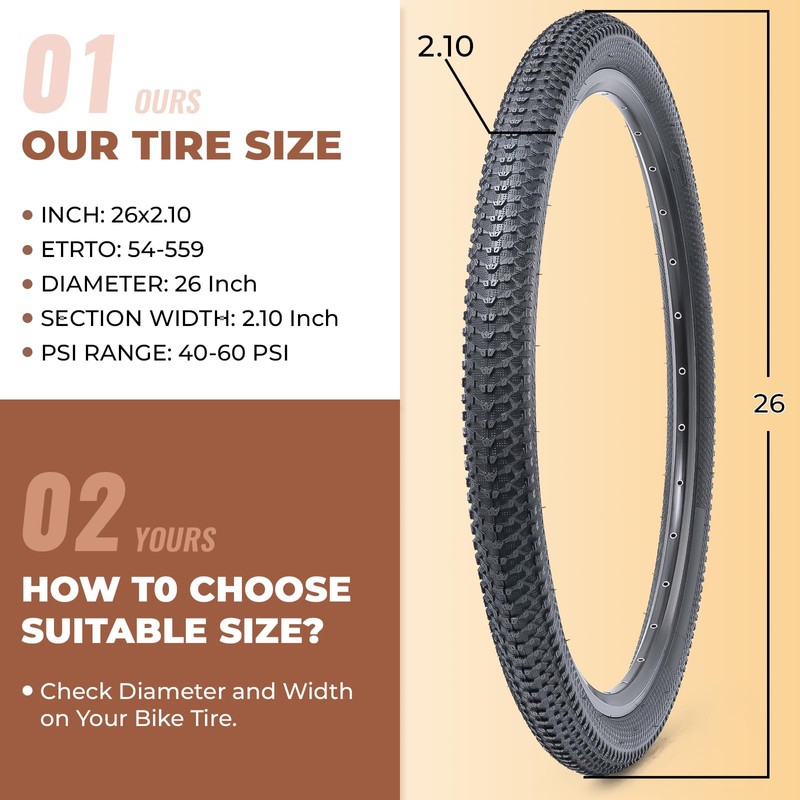 2 Pcs, 26x2.10 Bike Tires, Durable Folding 26 Inch 54-559
