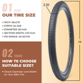 2 Pcs, 26x2.10 Bike Tires, Durable Folding 26 Inch 54-559 26 x 2.10 Mountain Bicycle Tires, Replacement Bike Tires for Mountain Cruiser Bicycle, Clincher