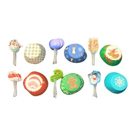 Clear Above Set of 288 Christmas Holiday Themed Cupcake Kits Wrappers Liners of (144) - 2" Baking Cups and (144) - 3" Picks Gingerbread Man Santa Penguin Reindeer Snowman Snowflake