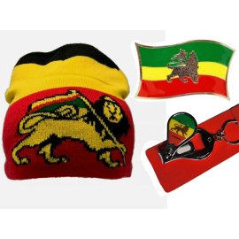 bunfires 3pc. Lion of Judah Rastafarian belt buckle Selassie Beanie hat Rasta  key chain