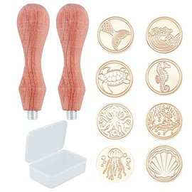 CRASPIRE Wax Seal Stamp Ocean Theme 8PCS Sealing Wax Stamp 25mm Removable Brass Heads +2 Wooden Handles +1 Container for Seal Envelopes Invitations(Whale+Sea Turtle+Sea Horse+Shark+Octopu+Shell)