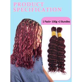 Unipearl Deep Curly Bulk Human Braiding Hair for Boho Braids, 2 Bundles, 45 cm / 18 Inches, 100 g, #99J Colour Burgundy Water Wave Hair Extensions for Women, Hair Extensions, Real Hair