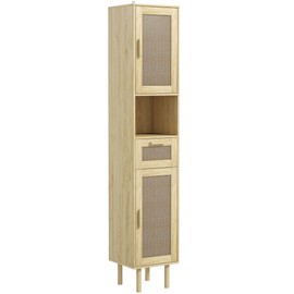 HOMCOM Tall Bathroom Storage Cabinet with Rattan Doors, Freestanding Bathroom Cabinet with Open Shelf, Drawer, Cabinets and Adjustable Shelves for Small Space, Distressed Oak