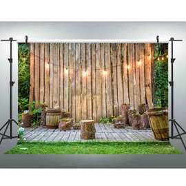 EOA 7(W) x5(H) FT Wooden Plank Lights Rustic Park Backdrop Green Plants Garden Picnic Leisure Photography Background - Great for Birthday, Studio, Booth, Party, Events, Portrait Use Props