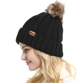 GanJingRen Womens Faux Fur Pompom Fleece Lined Thick Warm Winter Knitted Slouchy Cuff Beanie Hat (Black)