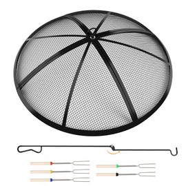 2024 Upgraded Fire Pit Spark Screen,Outdoor Fire Pit Screen with Collapsible Handle & Poker, with 5 BBQ Sticks, Heavy-Duty Steel Mesh Fire Pit Round Cover for Backyard/Beach/RV Camping (40-inch)
