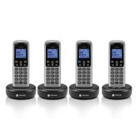Motorola Voice Cordless Phone System w/ 4 Digital Handsets + Answering Machine, Remote Access, Call Block - Dark Grey (T614)