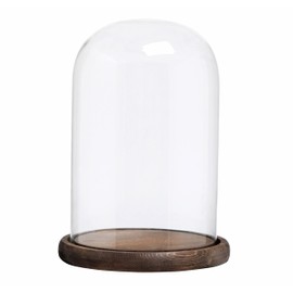 MyGift 8-Inch Clear Glass Cloche Dome Decoration Case, Decorative Tabletop Centerpiece Cloche Jar with Rustic Dark Brown Wood Base