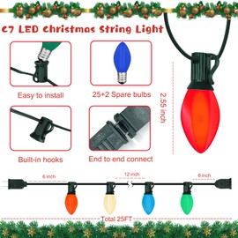 25Ft C7 LED Christmas Lights Multicolor, Outdoor Christmas String Lights with 5 MultiColor LED Bulbs, Commercial Hanging Vintage Christmas Lights for Holidays Roofline Patio Garden Party Wedding Decor