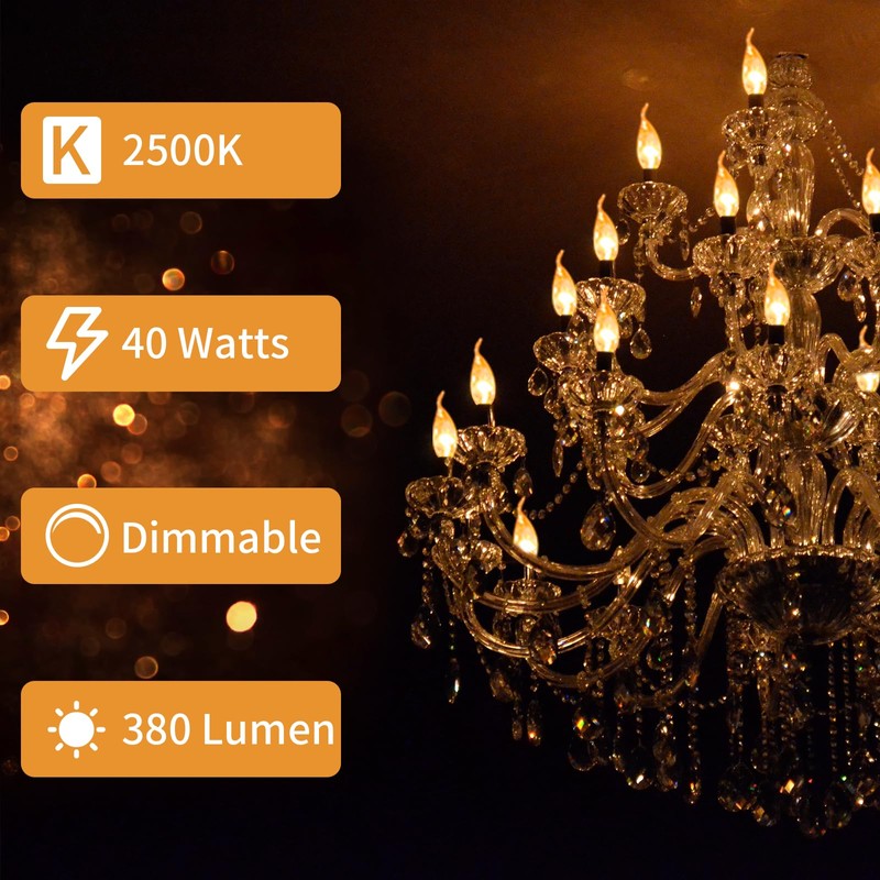 COLWATT 12-Pack E12 Candle Light Bulbs 40W Warm White 2500K,