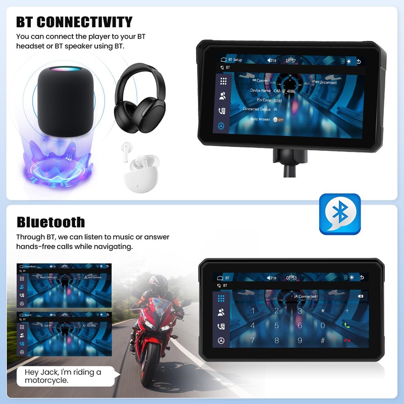 Portable Motorcycle Carplay Screen with Wireless CarPlay Android Car, 6
