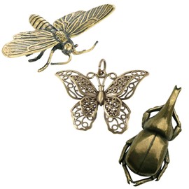 SnowOwl - Figura de estatua de metal sólido con escultura de latón pequeño para insectos animales, para decoración del hogar, oficina, jardín, computadora, 3 piezas (escarabajo de mariposa de