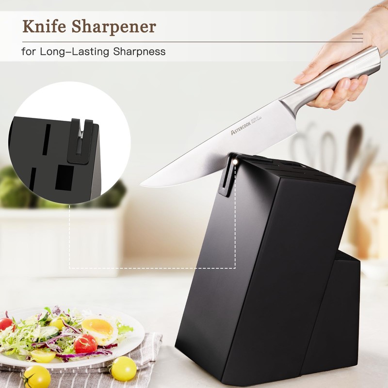 Astercook Knife Set Kitchen with Block and Sharpener Full Tang
