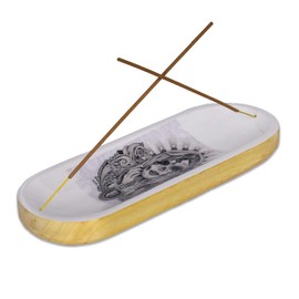 Bless-International Traditional-Handmade-Tray-Burner Wooden-Trat-Incense-Stick-Holder Ash-Catcher-Stand For-Aromatherapy-Meditation-Yoga (Abstract Flowers, 11x4x1.22 Inches)