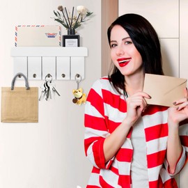 Kldgris Key Rack with Shelf, Wooden Key Holder, White, Decorative Wall Shelf with 5 Key Hooks, Wall Key Board for Entrance, Hallway, Kitchen, Bedroom