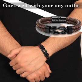 Gifts for Men Leather Bracelet Brown Braided Forever I Love You Gifts for Him Infinity Cuff Bracelets Birthday Gifts for Boyfriend Son Grandson Husband Dad Mens Fathers Day Gift, 7.5 Inches, Metal, no
